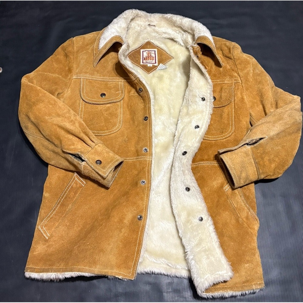 1970s Vintage Cowhide Leather suede Western sherpa jacket M L Tan Trucker cowboy
